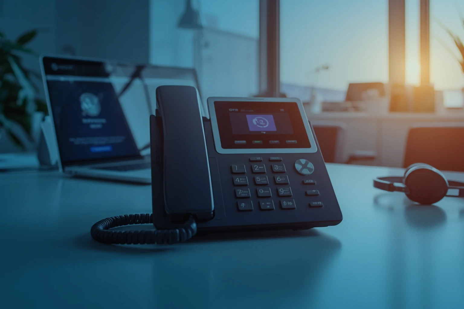 VoIP desk phone, laptop, and wireless headset on an office desk with morning light through the window