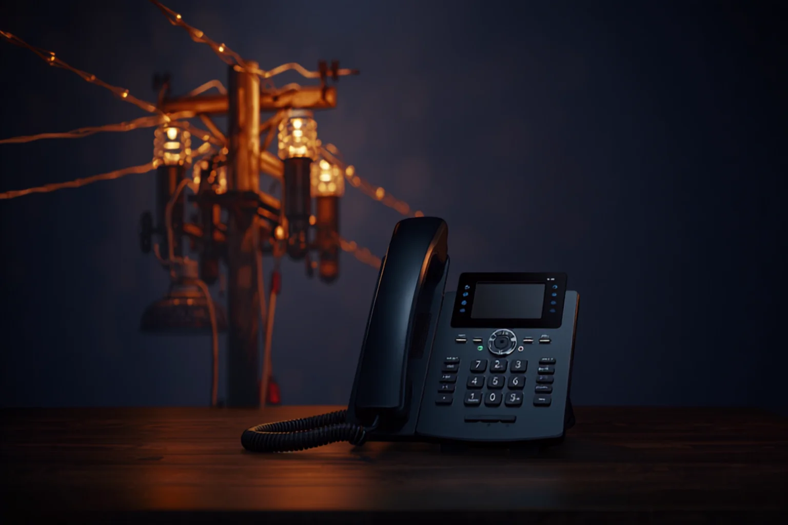 Vintage telephone pole beside a modern VoIP desk phone, symbolizing the shift from copper phone lines to internet phones