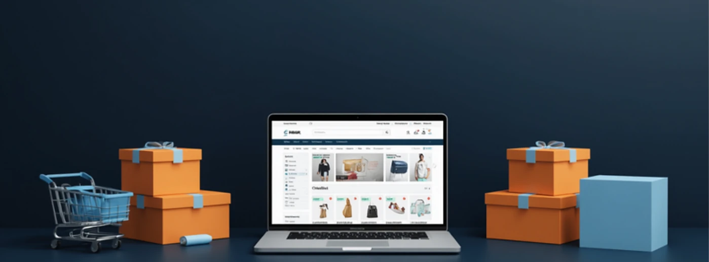 A laptop displaying an online store product page, flanked by shipping boxes and a shopping cart