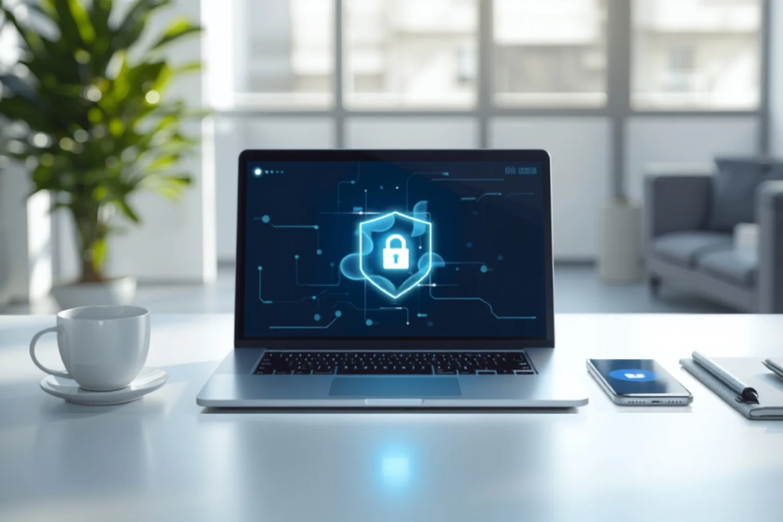 A laptop on a bright office desk showing a glowing blue security shield, with a phone beside it displaying an authentication approval