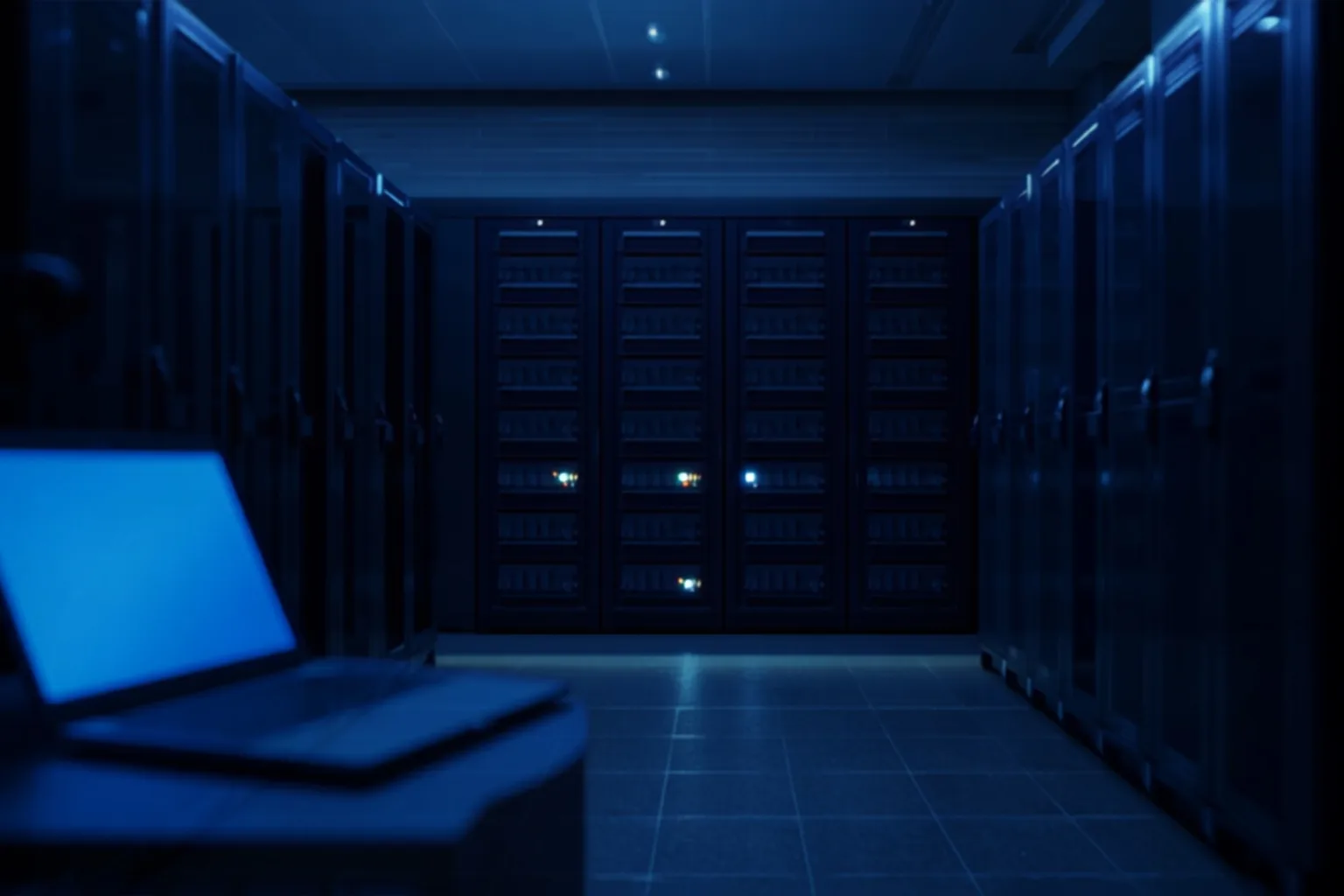 A server room with a single monitor showing a calm recovery-in-progress screen
