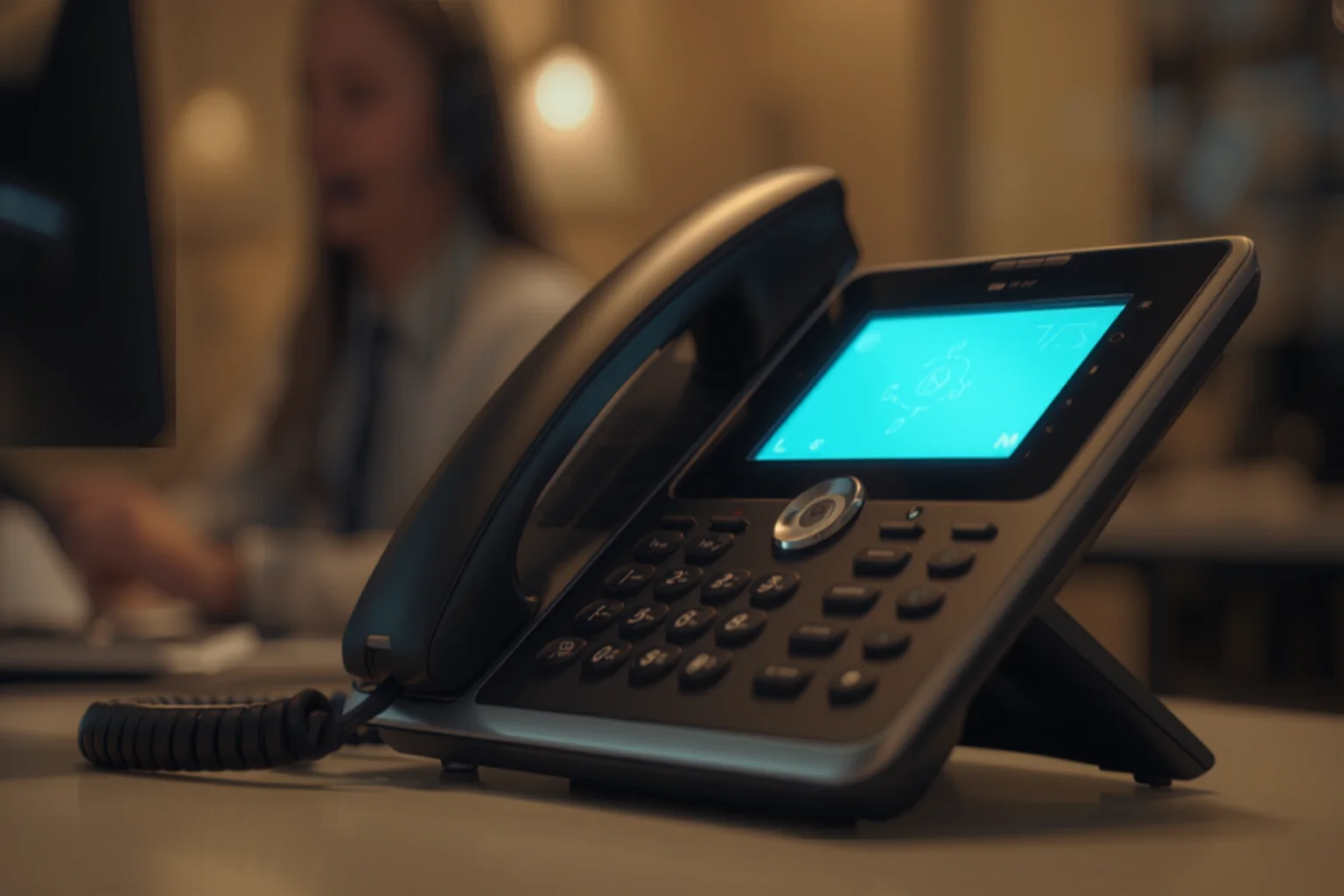 Modern VoIP desk phone with a professional on a headset call in the background