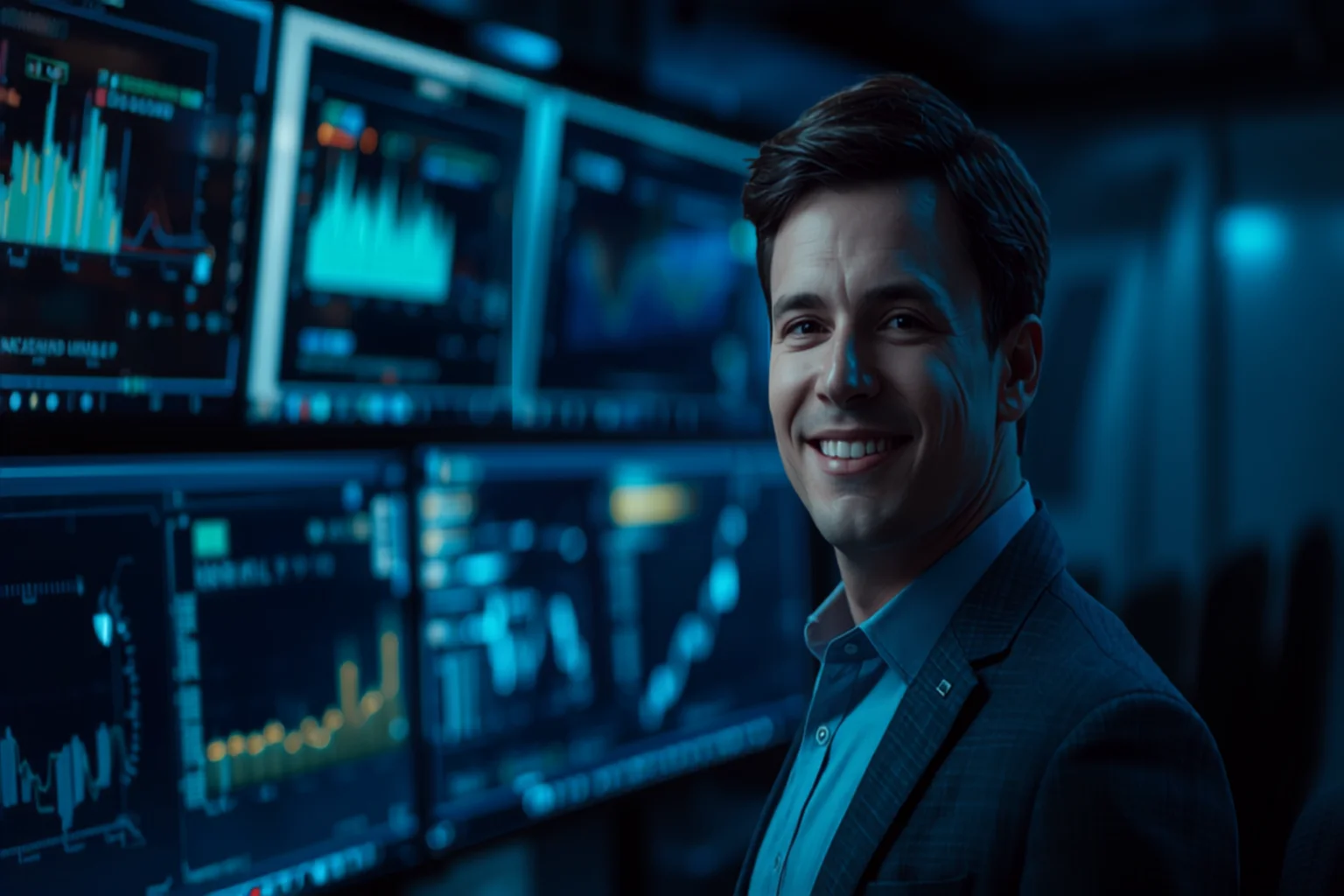 Smiling MSP technician monitoring client network and security dashboards